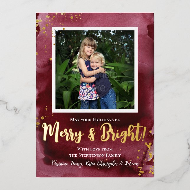 Carte De Vœux En Aluminium Rich Burgundy Gold Splatter Photo Holiday Greeting (Recto)