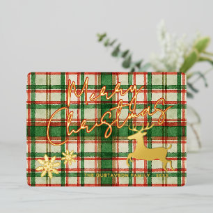 Carte De Vœux En Aluminium Rinder Classique Sur Vert Foncé Rouge Plaid Or