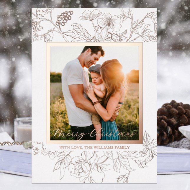 Carte De Vœux En Aluminium Rose à main Gold & White Floral Christmas (Hand drawn floral Christmas Holiday Photo card with rose gold foil wildflowers with white background)