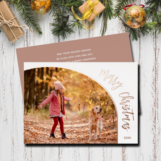 Carte De Vœux En Aluminium Rose Gold Joyeux Noël Script (Merry Christmas REAL rose gold foil holiday photo cards)
