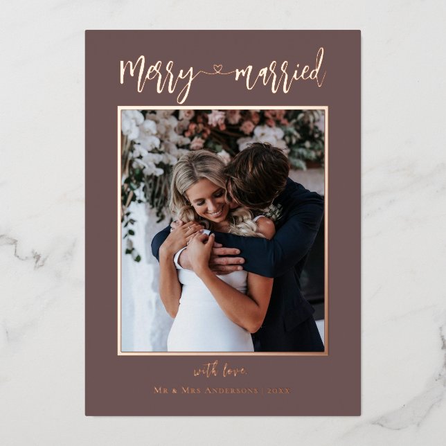 Carte De Vœux En Aluminium Rose Gold Merry Married 2 Photos First Christmas (Recto)