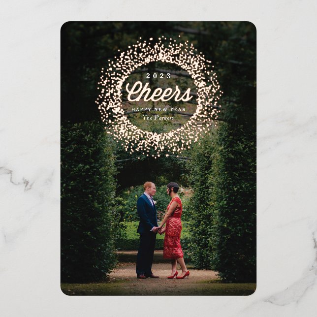 Carte De Vœux En Aluminium Rose Gold Pailleté Bonne Année (Recto)