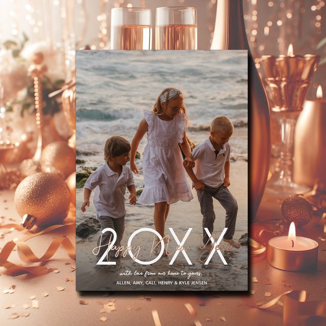 Carte De Vœux En Aluminium Rose moderne Gold Bonne année photo (Modern Rose Gold Happy New Year Photo Foil Holiday Cards)