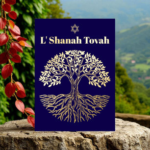 Carte De Vœux En Aluminium Rosh Hashanah feuille d'or Arbre de Vie Bleu
