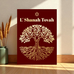 Carte De Vœux En Aluminium Rosh Hashanah feuille d'or Arbre de Vie Bourgogne
