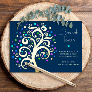 Carte De Vœux En Aluminium Rosh Hashanah Marine Bleu Arbre de Vie Véritable O