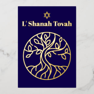 Carte De Vœux En Aluminium Rosh Hashanah Or Feuille D'or Arbre de Vie Bleu