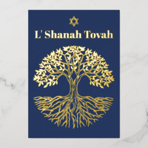 Carte De Vœux En Aluminium Rosh Hashanah Or Feuille D'or Arbre de Vie Bleu