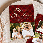 Carte De Vœux En Aluminium Rouge Brossé Plaid Gold Foil 3 Photo<br><div class="desc">Élégant carte photo de vacances avec "Joyeux Noël" affiché dans un script de calligraphie de feuille d'or en haut du design sur un arrière - plan plaid rouge peint. Personnalisez l'avant de la carte en ajoutant votre nom, votre année et une photo. La carte de Noël en feuille d'or revient...</div>