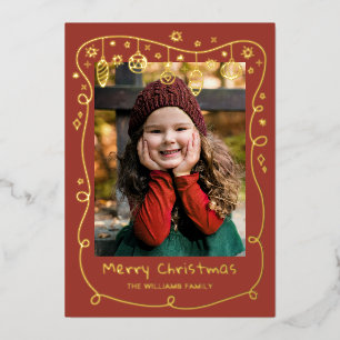 Carte De Vœux En Aluminium Rouge-Brown Scribbled Baubles Photos Joyeux Noël