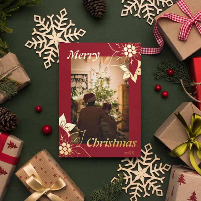 Carte De Vœux En Aluminium Rouge Floral Élégant Joyeux Portrait de Noël (Créateur téléchargé)