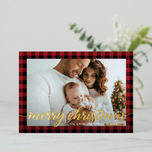 Carte De Vœux En Aluminium Rouge moderne rustique plaid photo Noël