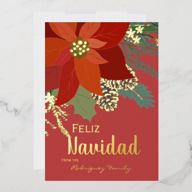 Carte De Vœux En Aluminium Rouge Poinsettia Feliz Navidad Gold (Enveloppe)
