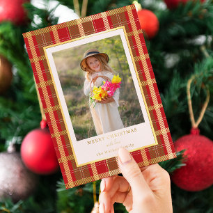 Carte De Vœux En Aluminium Rouge rustique chaud & Gold Plaid Photo