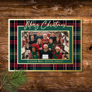 Carte De Vœux En Aluminium Rouge Vert Carreaux Joyeux Noël Écriture Photo