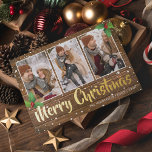 Carte De Vœux En Aluminium Rustic Country Joyeux Noël Photo<br><div class="desc">Carte de vacances en feuille de Noël de style champêtre avec un arrière - plan en bois rustique, un collage de 3 photos pour vous de personnaliser, saint festif, une douche à neige, les mots "joyeux noël" dans une calligraphie véritable feuille d'or de la typographie, votre nom de famille, et...</div>