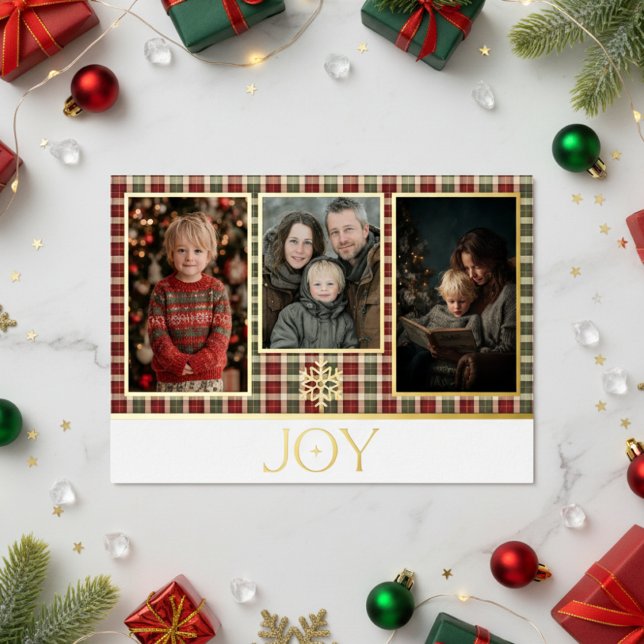 Carte De Vœux En Aluminium Rustic Red & Green Plaid Christmas Joie Photo (Créateur téléchargé)