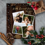 Carte De Vœux En Aluminium Rustic Woodsy Wood Faith Love and Family 4 Photo F<br><div class="desc">Rustic woodsy faux dark stained wood "Faith, Love and Family" four framed exportage holiday design with real gold foil text on front and with a snowflake pattern over the dark wood as a background on back. Simply add your familiy name and the year along with your particules to complete the...</div>