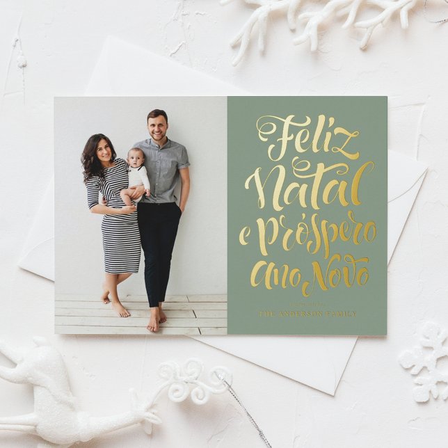 Carte De Vœux En Aluminium Sage Green Feliz Natal e Próspero Ano Novo Photo (Créateur téléchargé)