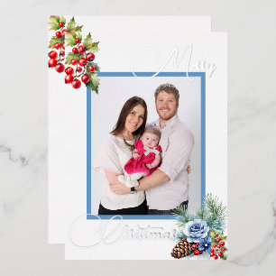 Carte De Vœux En Aluminium Salutation de Noël Ice Blue sur Blanc avec Baies