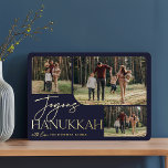 Carte De Vœux En Aluminium Salutation festive | Collage photo Joyous Hanoukka<br><div class="desc">Notre design festif et élégant de carte Hanoukka est la façon parfaite de montrer 3 de vos photos de famille préférées dans un montage arrondi. Le design comprend "Joyous Hanoukka" en typographie brillante feuille d'or et écriture manuscrite, avec votre nom de famille sur un arrière - plan bleu nuit. Les...</div>