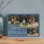 Carte De Vœux En Aluminium Salutation festive | Collage photo Joyous Hanoukka<br><div class="desc">Notre design festif et élégant de carte Hanoukka est la façon parfaite de montrer 3 de vos photos de famille préférées dans un montage arrondi. Design caractéristiques "Joyous Hanoukka" dans la typographie brillante feuille d'or et écriture manuscrite, avec votre nom de famille sur un arrière - plan bleu ardoise poussiéreux....</div>