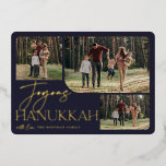 Carte De Vœux En Aluminium Salutation festive | Collage photo Joyous Hanoukka<br><div class="desc">Notre design festif et élégant de carte Hanoukka est la façon parfaite de montrer 3 de vos photos de famille préférées dans un montage arrondi. Le design comprend "Joyous Hanoukka" en typographie brillante feuille d'or et écriture manuscrite, avec votre nom de famille sur un arrière - plan bleu nuit. Les...</div>