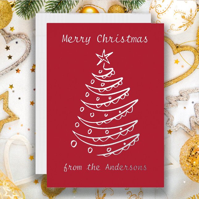 Carte De Vœux En Aluminium Sapin de Noël en feuille d'argent Rouge   (Red custom Christmas greeting card with a real silver foil Christmas tree.)
