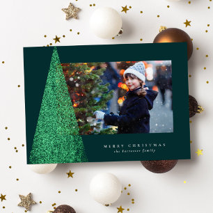 Carte De Vœux En Aluminium Sapin de Noël moderne élégant une photo vert or