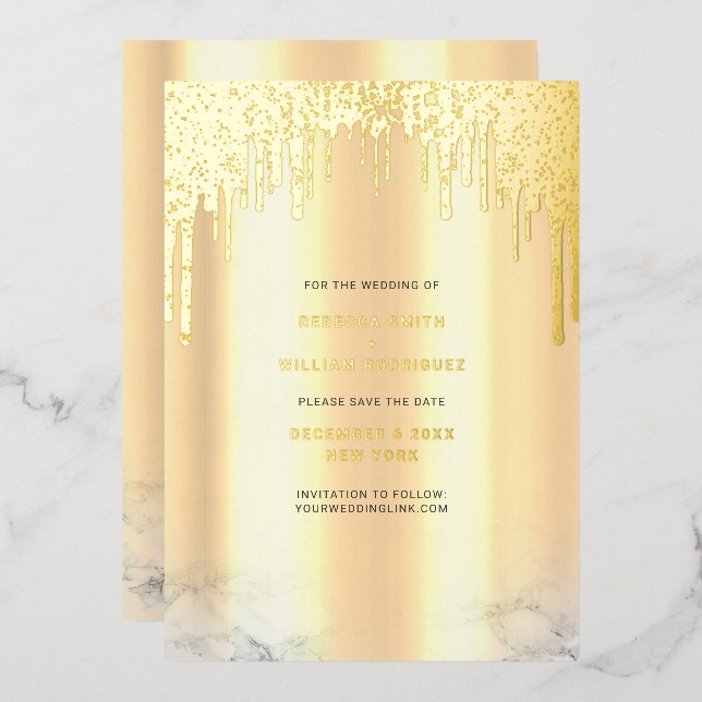 Carte De Vœux En Aluminium Save The Date Gold Glitter Drips (Recto/Verso)