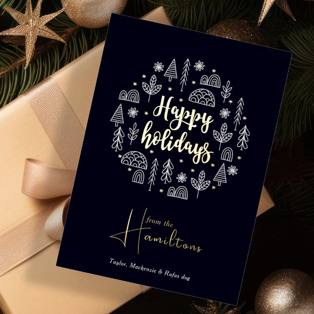 Carte De Vœux En Aluminium Scandinave Nordique Joyeuses Fêtes Personnalisées (Scandinavian Nordic Happy Holidays Personalized Foil Holiday Card by Ricaso. Blue, white, REAL foil
)
