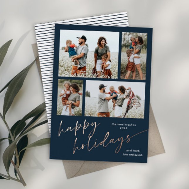 Carte De Vœux En Aluminium Script de collage de 4 photos Joyeuses Fêtes (A modern simple script 4 photo collage rose gold foil holiday card with handwritten happy holidays.)
