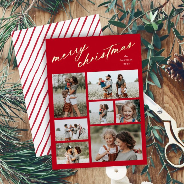 Carte De Vœux En Aluminium Script de collage de 7 photos minimal Joyeux Noël  (Minimal script merry christmas red and white multi photo collage foil holiday card with stripe back.)