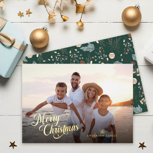 Carte De Vœux En Aluminium Script de Noël complet Photo Boho Verdure Or