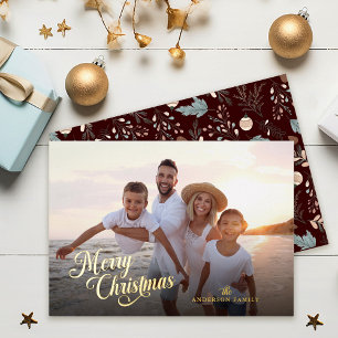 Carte De Vœux En Aluminium Script de Noël complet Photo Boho Verdure Or