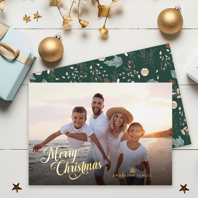 Carte De Vœux En Aluminium Script de Noël Photo complète Boho Green Gold (Créateur téléchargé)