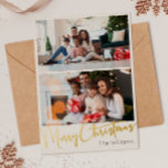 Carte De Vœux En Aluminium Script festif Joyeux or de Noël à deux photos<br><div class="desc">Célébrez la saison avec cette carte de vacances en feuille d'or Joyeux Noël en script deux photos avec une touche de charme élégant. Le design chic présente une palette de couleurs dorées et blanches, évoquant l'esprit cosy de l'hiver. Son attrait moderne et unique et sa formulation rustique créent un équilibre...</div>