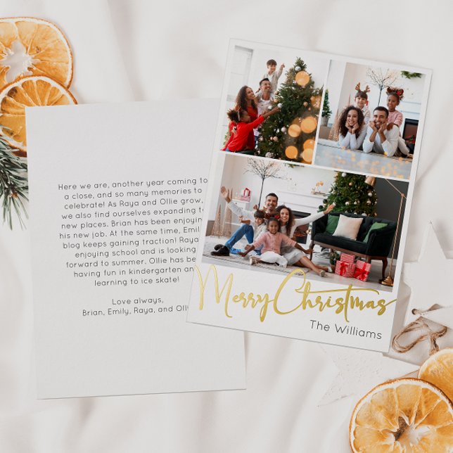 Carte De Vœux En Aluminium Script festif Trois photos Joyeux or de Noël (Créateur téléchargé)