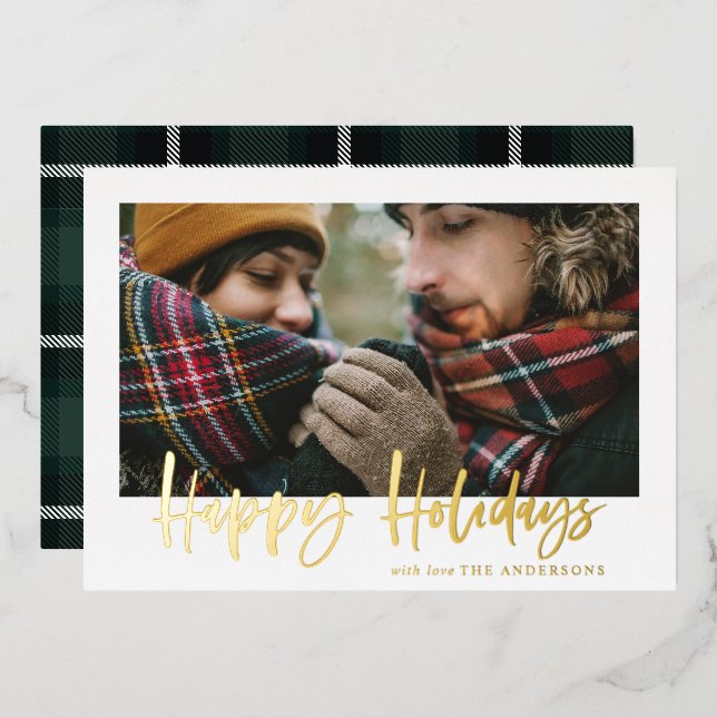 Carte De Vœux En Aluminium script happy holiday green tartan photo (Recto/Verso)