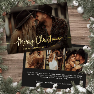 Carte De Vœux En Aluminium Script Joyeux Noël Élégant Rustique Photo Or