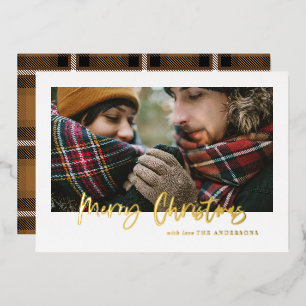 Carte De Vœux En Aluminium script joyeux noël tartan moutarde photo 