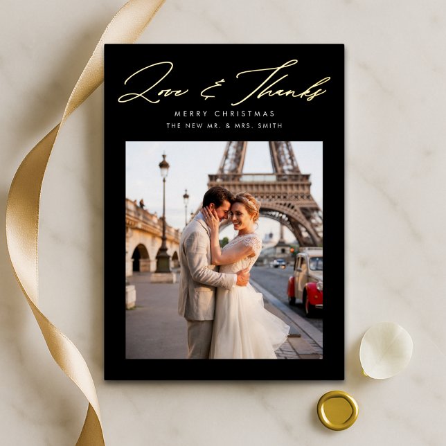 Carte De Vœux En Aluminium Script Love and Thanks Photo de Noël Black Gold (Créateur téléchargé)