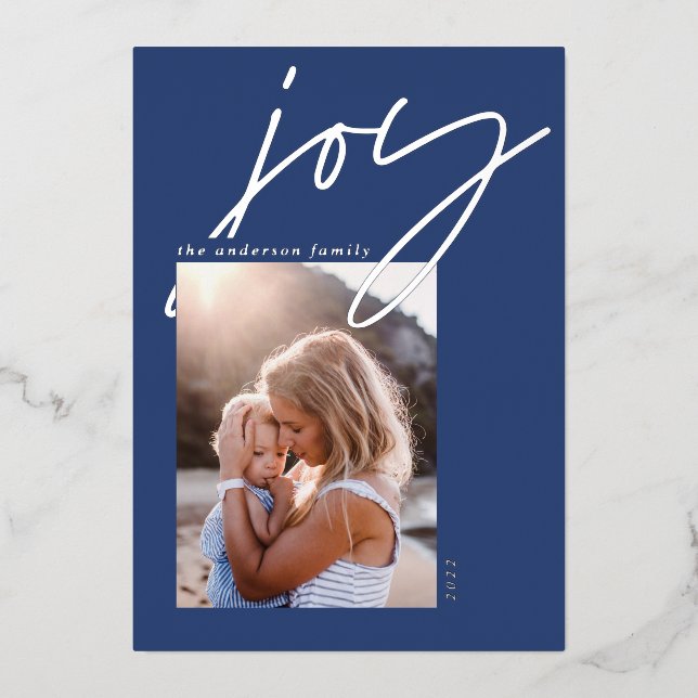 Carte De Vœux En Aluminium script minimal moderne joie 1 photo bleu élégant (Recto)