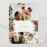 Carte De Vœux En Aluminium Script moderne Hiver Botanique 3 Photo Or<br><div class="desc">Cette collection présente des fleurs rouges aquarelles,  des baies et de la verdure hivernale avec une typographie moderne et élégante,  avec un motif botanique d'hiver.</div>
