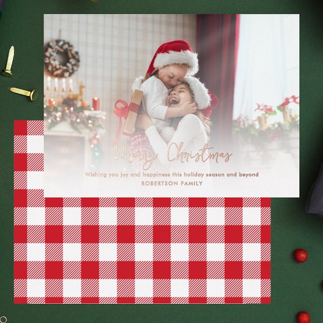 Carte De Vœux En Aluminium Script photo de famille de Noël moderne (Modern Christmas Family Photo Script Foil Holiday Card)