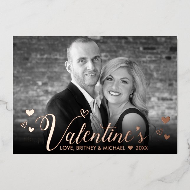 Carte De Vœux En Aluminium Script rose moderne Coeurs chic Black White Photo (Recto)