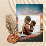 Carte De Vœux En Aluminium Seas and Greetings Beach Sunset Painting Photo<br><div class="desc">These beautiful holiday photo cards feature a beach sunset painting in the background and a rectangular (almost square) photo template. Stylish, modern typography reads, "Seas & Greetings" in real foil. The back is dark teal blue - Leave as is or customize the color, if desired. Add more photos to the...</div>