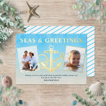 Carte De Vœux En Aluminium Seas N Greetings Nautical Christmas Anchor Photo<br><div class="desc">This stunning nautical Christmas card is printed with real gold foil,  and features an anchor between two photos,  with the beachy holiday message “Seas and Greetings.” The background is ocean inspired watercolor,  with teal blue stripes on the back.</div>