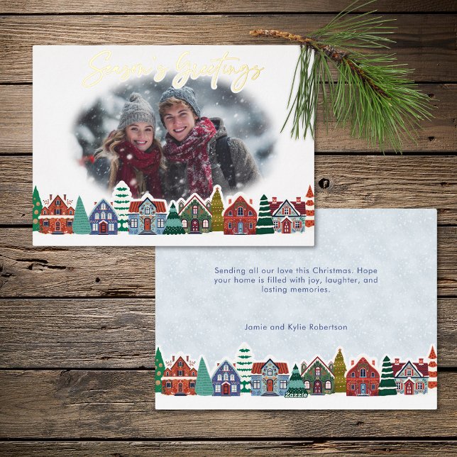 Carte De Vœux En Aluminium Season's Greetings Photo Boho Christmas Village (Season's Greetings Photo Boho Christmas Village Foil Holiday Card)