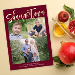 Carte De Vœux En Aluminium Shana Tova Rosh Hashana Fête de la fête juive<br><div class="desc">Ce carte photo de vacances de Rosh Hashanah dispose d'un arrière - plan de couleur rouge bordeaux foncé et de l'accueil "Shana Tova" en feuille d'or. Cette conception accepte trois photos, une photo horizontale et deux photo carrés. Sur le dos, vous trouverez un arrière - plan de coordination. Customisez davantage...</div>